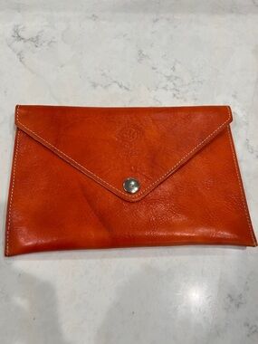 Italian leather envelope clutch pouch. Orange with contrast stitch & silver snap